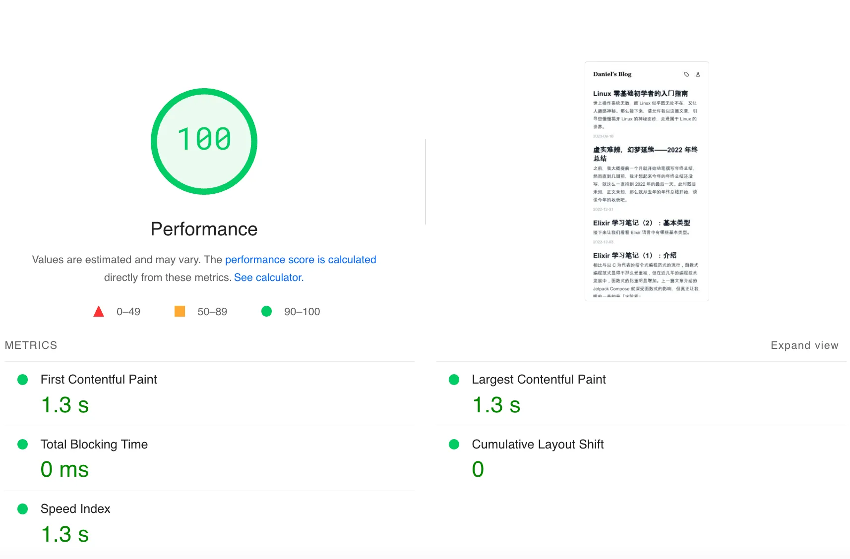 PageSpeed Insights 性能测试结果